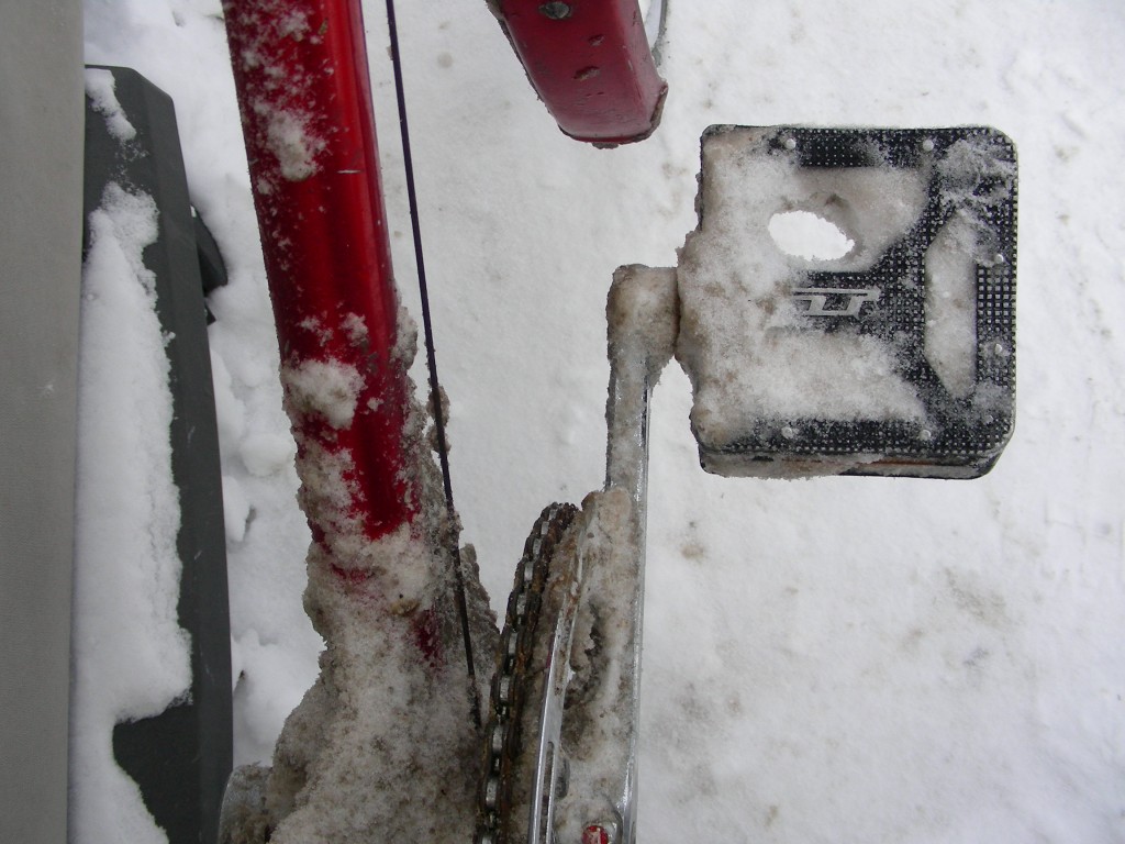 GT BMX pedals for winter bike riding.